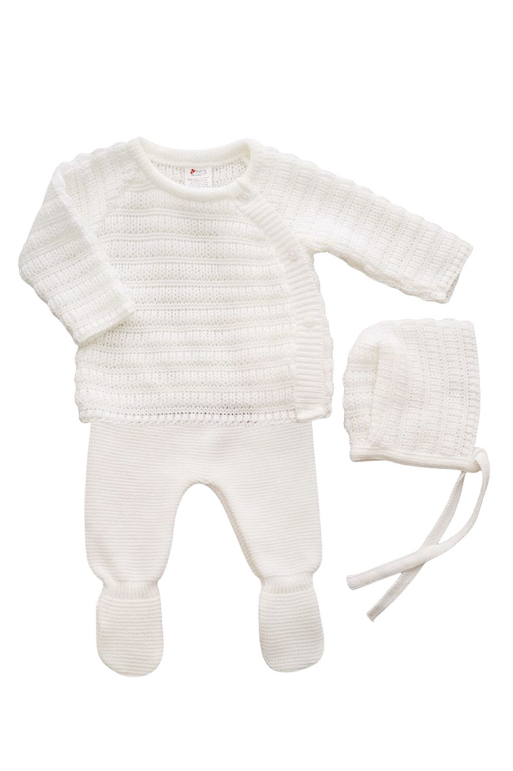 Ensemble de Naissance (0-3 mois) Mixte Unisexe Bébé - 3 Pièces en Tricot Maille Blanche