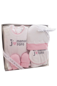 Coffret Naissance 5 Pièces en 100% Coton « J'aime Maman Papa »