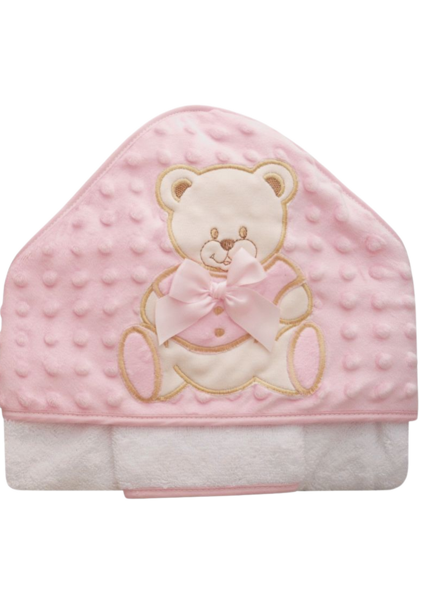 Cape de bain en éponge minky brodé OURSON - Rose