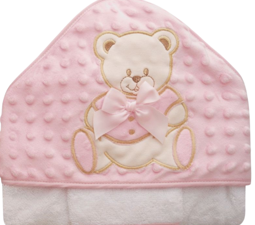 Cape de bain en éponge minky brodé OURSON - Rose