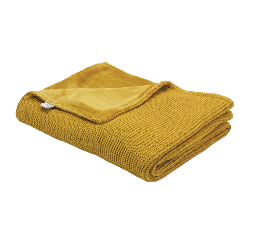 Couverture bébé - tricot et flanelle Mustard