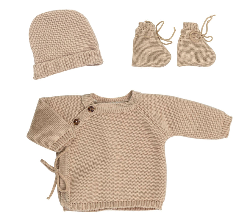 Lot naissance brassière, bonnet, chaussons Caramel