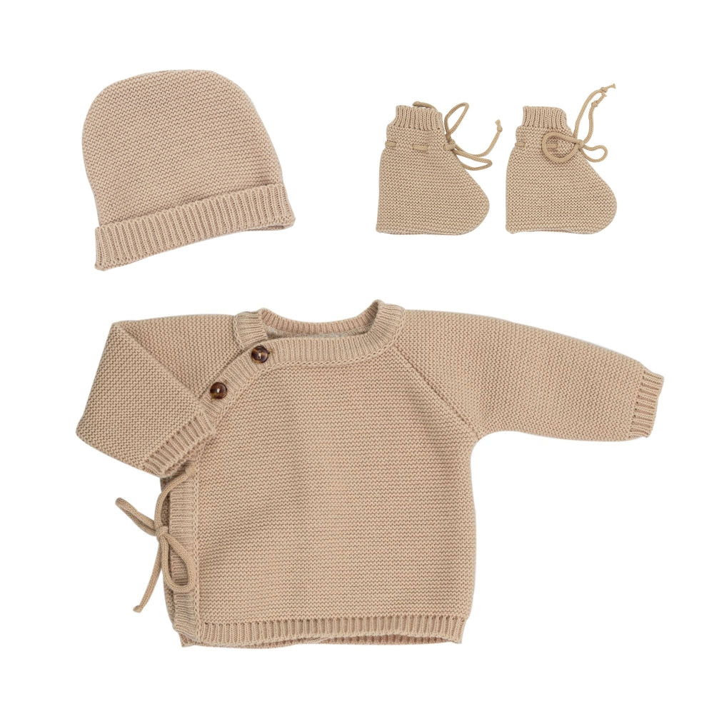 Lot naissance brassière, bonnet, chaussons Caramel