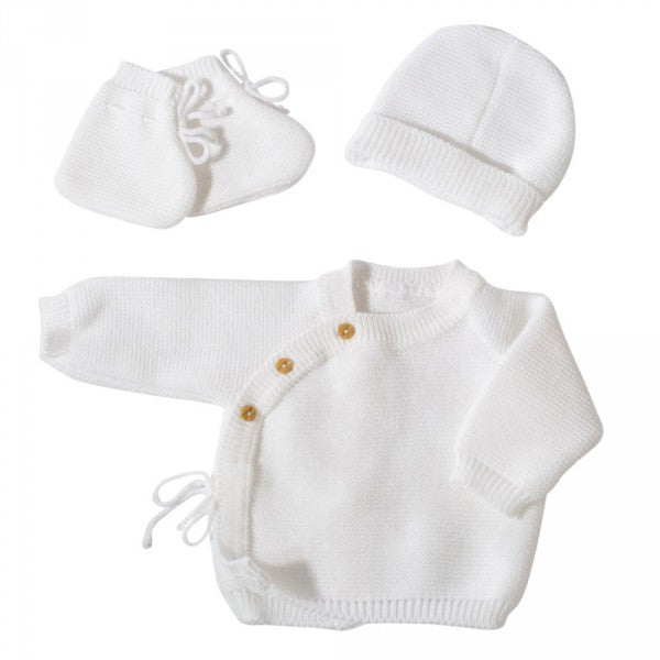 White baby bra with booties and hat