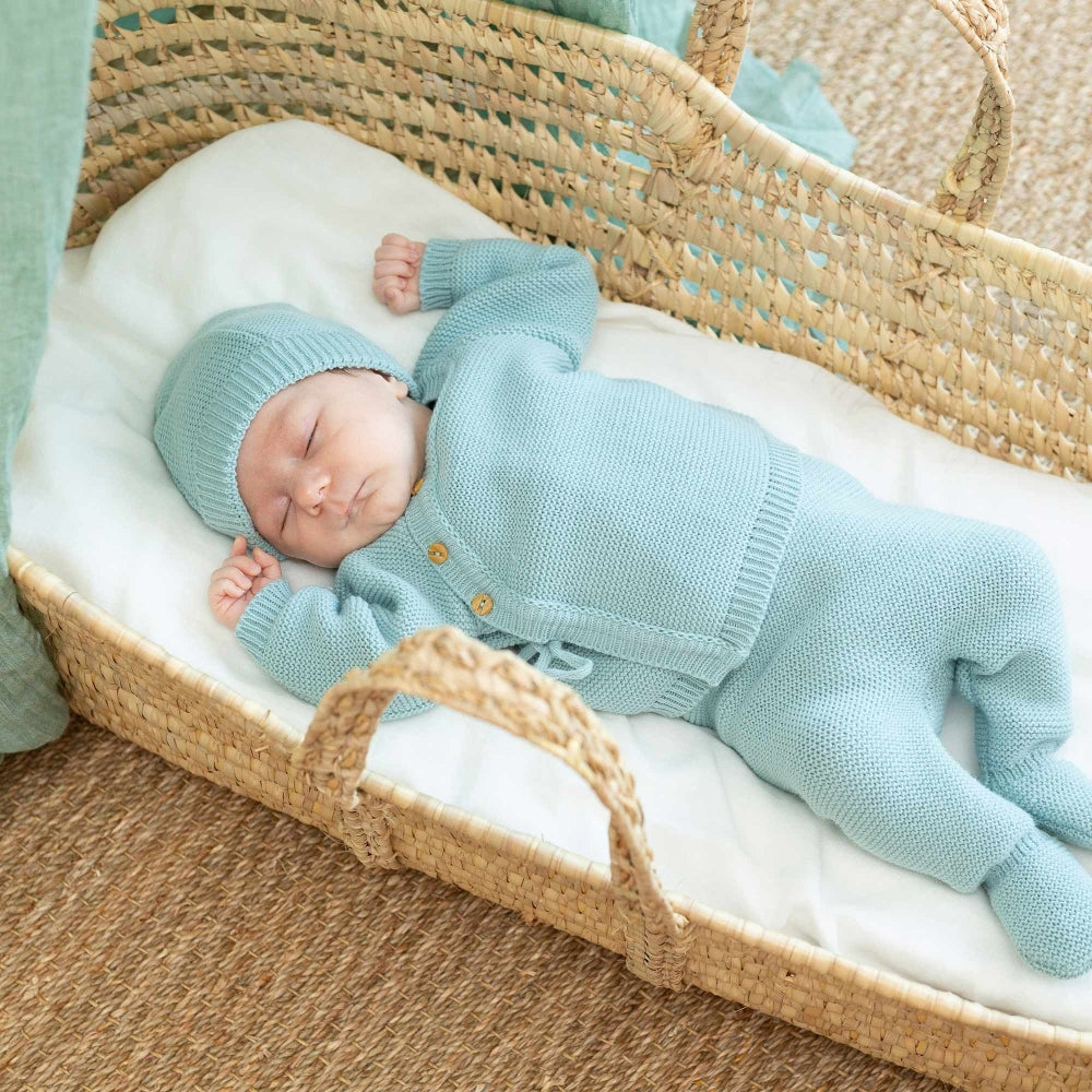 Blue baby bra with booties and hat